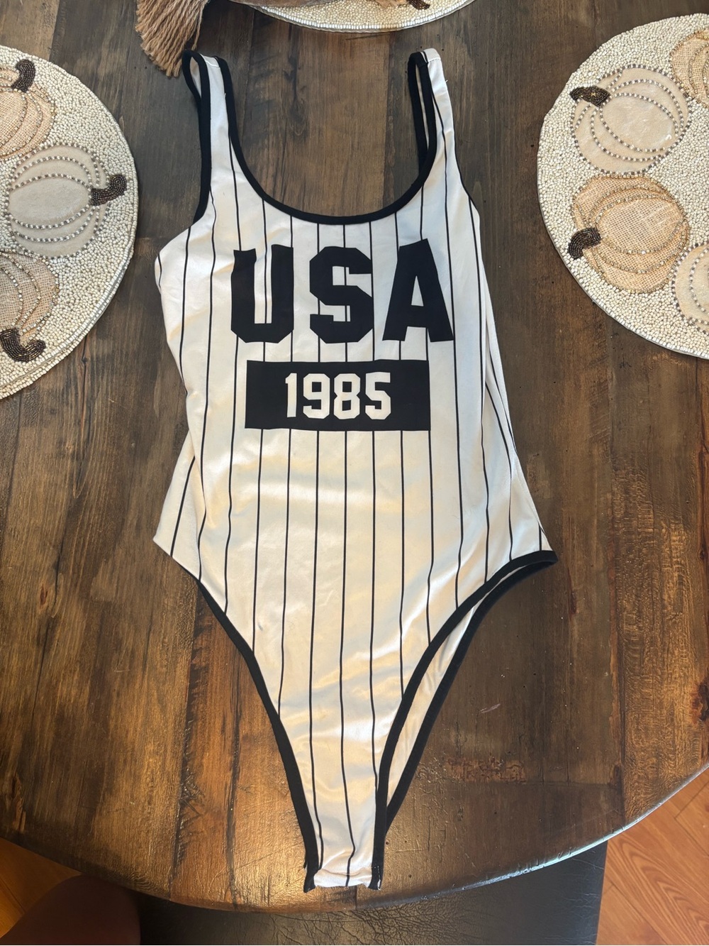 SHEIN White & Black Striped "USA 1985" One-Piece Bodysuit